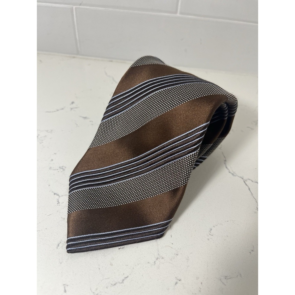 Ermenegildo Zegna Tie Chocolate Brown/Light Blue Striped 100% Silk Italy Classic